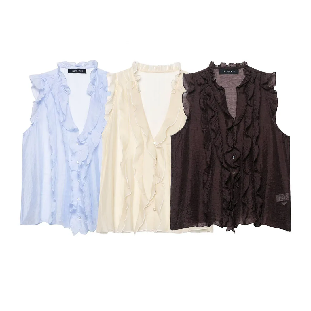 

New Ruffles Tops Fashion Semi-Transparent Short Top Woman Sleeveless Ruched Tops For Women Elegant Party Top