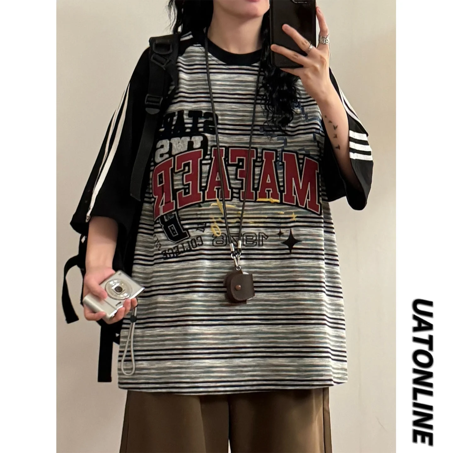 

UATONLINE2026 American Hip Hop Short Sleeve T-Shirt Casual Striped Embroidery Women's Style Streetwear Loose Fit Spring Season