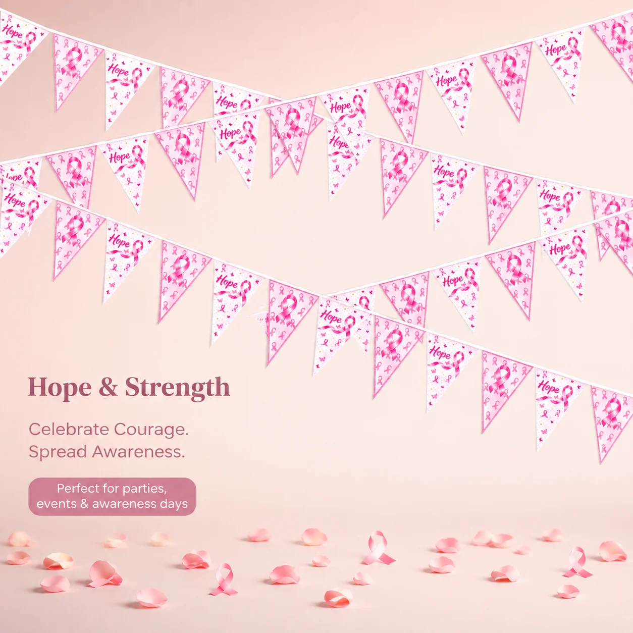 Guirlande triangulaire rose « Espoir » pour la sensibilisation au cancer du sein – Drapeaux de décoration murale pour collectes de fonds caritative et fêtes féminines