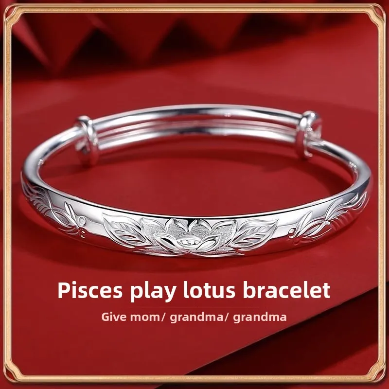 

New Bracelet for Women, Gift for Mom, Double Fish Play Lotus Solid Ethnic Style High-end Versatile Silver Bracelet