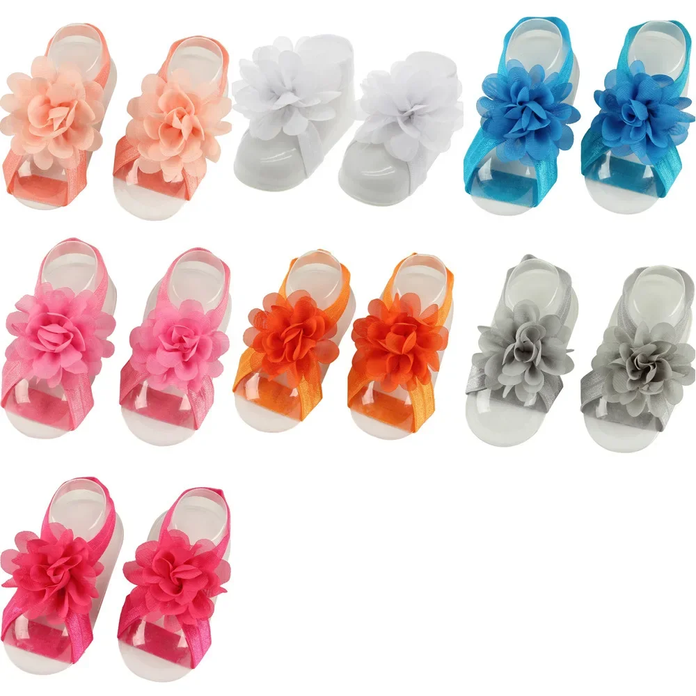 Solid Color Handmade Chiffon Flowers Infant Barefoot Sandals DIY Children Accessories Newborn Photography Props Birthday Gifts - view 2