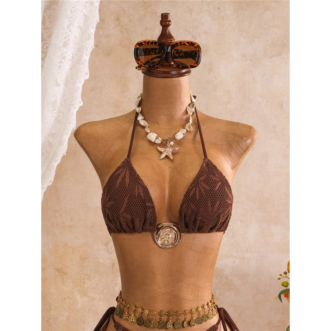 Mit Sarong-Blättern bedruckter Neckholder-Bikini, Damen-Badeanzug, dreiteiliges Bikini-Set, Badebekleidung, Badeanzug, Schwimmanzug V8367 – Detail 25