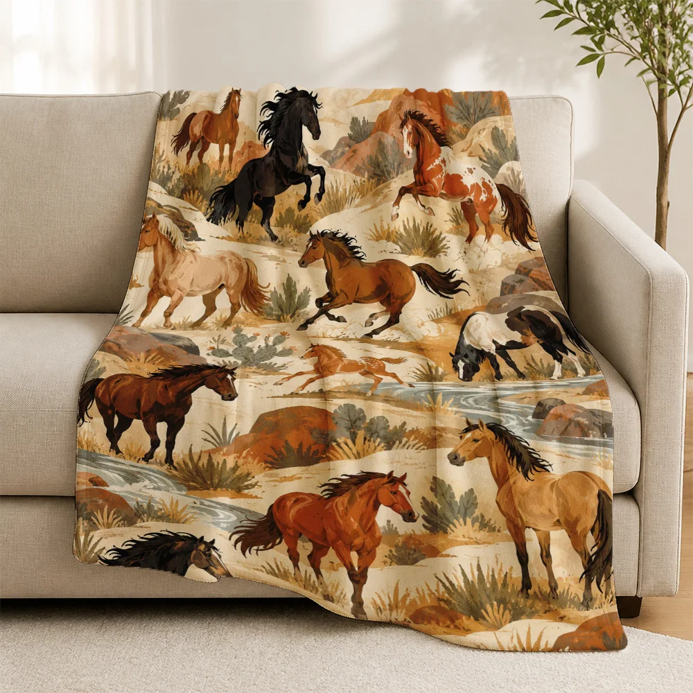 Rustic Horse Print Throw Blanket Sofa Cover Western Bohemian Equestrian Animal Decor Cozy Farmhouse Nursery Wall Throw