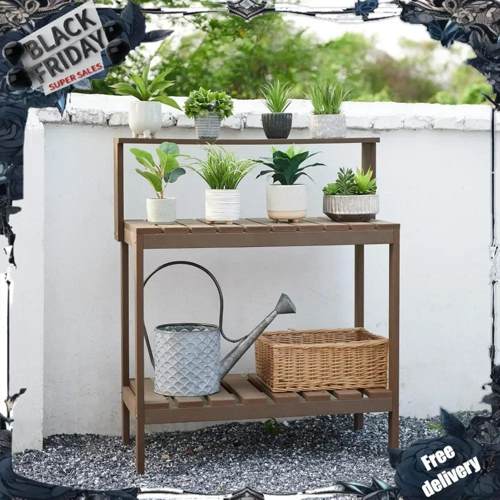 Mesa de banco para macetas, mesa para macetas al aire libre hecha de madera de polietileno, mesa de jardinería similar a la madera y estación de macetas