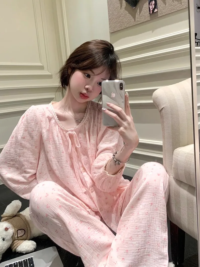 Kumikumi Floral Print Long Sleeve Sleepwear Set Women's High Waist Casual Pants Two Piece Home Clothes Set Comfortable plus Size