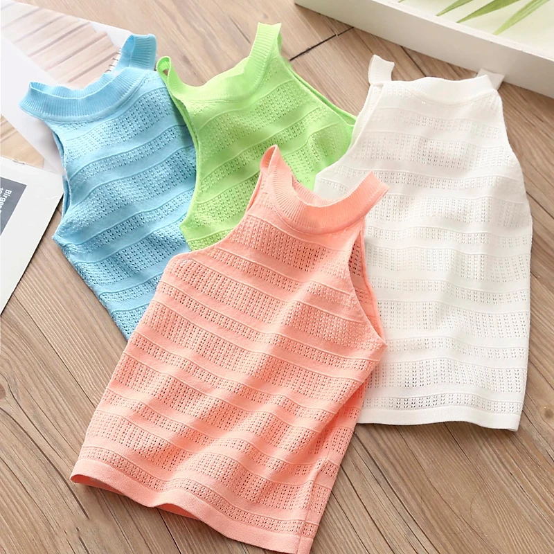 2024 Summer New 2 3 4 5 6 7 8 10 Years Children Clothing Kids Candy Color Hollow Out Strapless T-Shirt Beach Vest For Baby Girls