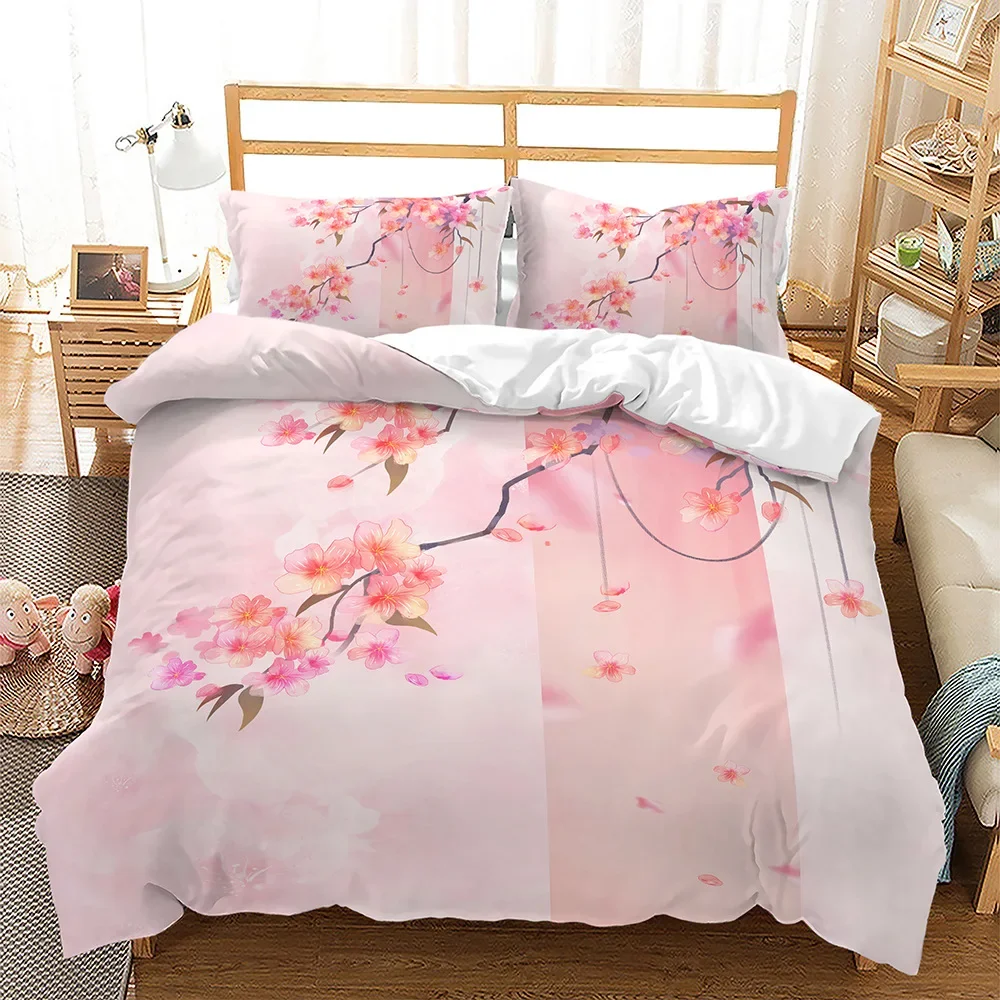 Spring Flowers Duvet Cover Pink Sakura Girls Cherry Blossoms Quilt Cover Floral Polyester for Women Kids for Bedroom Decorations