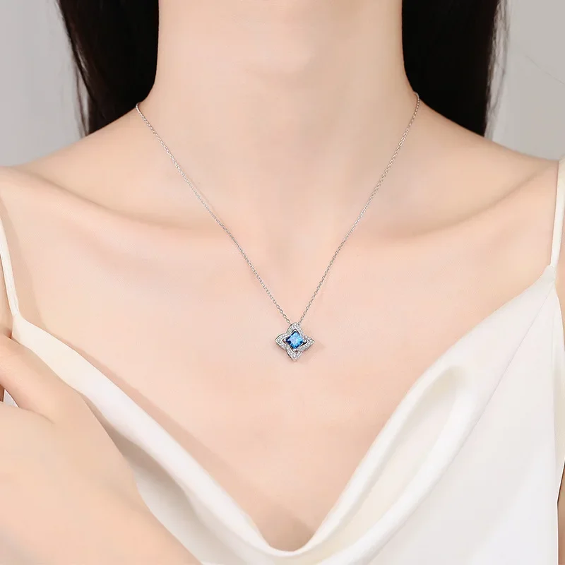 1 Ct Full Moissanite Blue Diamond Four Leaf Square Clavicle Chain for Women, Platinum Pt950 Pendants Gift Wedding Fine Jewelry