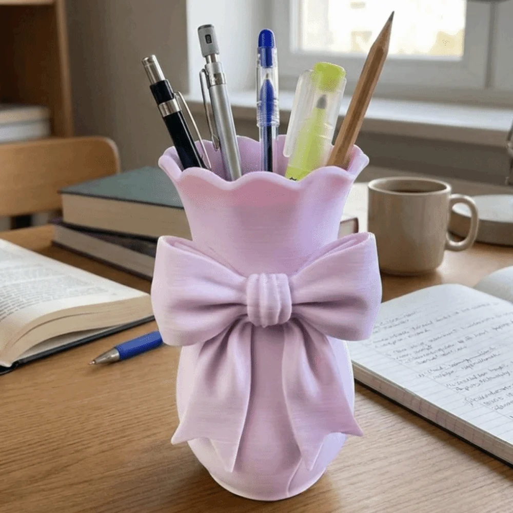 Practical 3D Printed Pink Bow Flower Vases Twisted Design Elegant Style Dried Flower Vase Decorative Pen Holder Bedroom