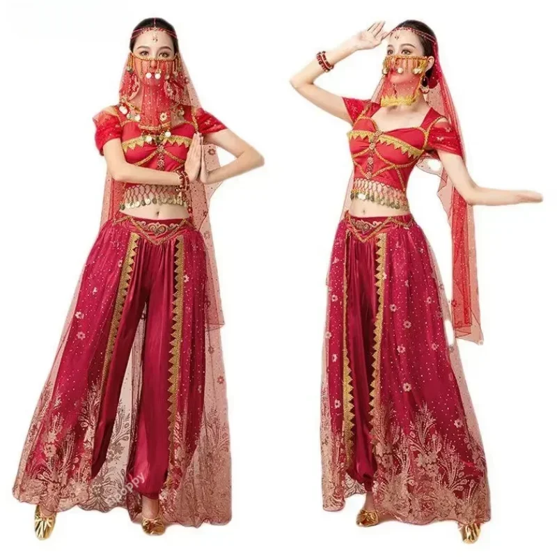 

Women Arabic Belly Dance Costume Adult Oriental Indian Sari Bollywood Jasmine Halloween Cosplay Headdress Top Pants Rave Outfit
