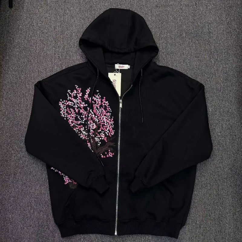 Personality Retro Trend Zipper Casual Hoodies Flower Tree Pattern Street Style Women Harajuku Goth Embroidery Y2k Relaxed Coat