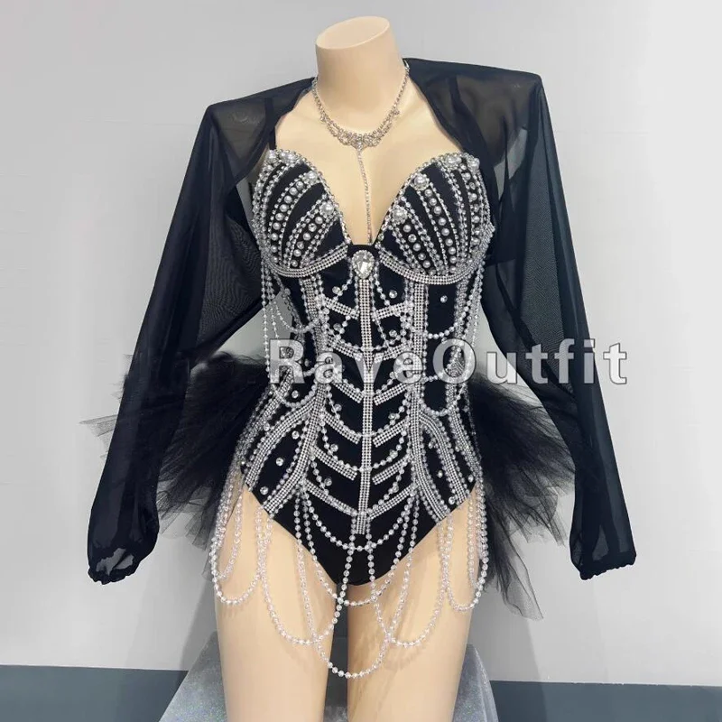 Боди со стразами и жемчугом, кружевной комбинезон, женский вечерний костюм для танцев Gogo, сексуальный костюм для танца на пилоне, фестивальный костюм, сценическая одежда для рейва