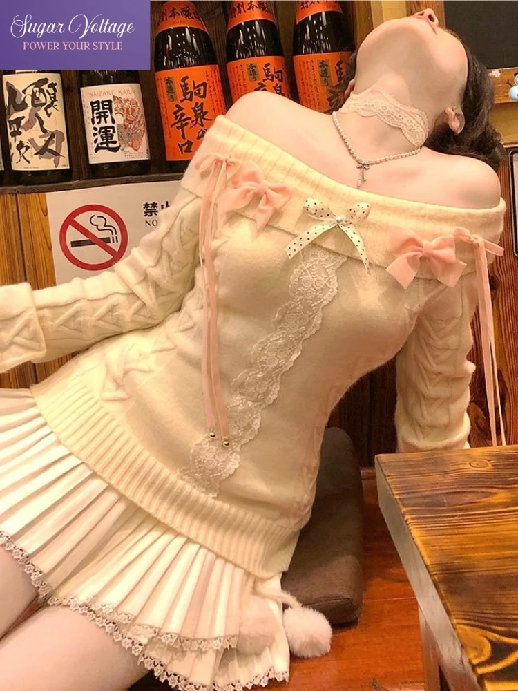 

Корейский элегантный вязаный свитер для женщин: приталенный, с бантом, открытыми плечами, длинными рукавами. Модный, популярный, повседневный топ для весны.