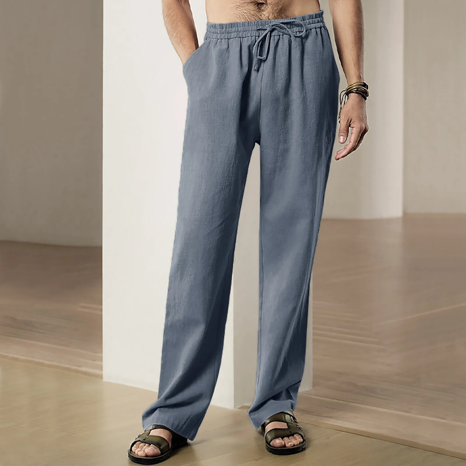 Calça reta de cintura elástica masculina, Monocromática, Linho, Respirável, Negócios, Casual, Praia, Férias, Verão