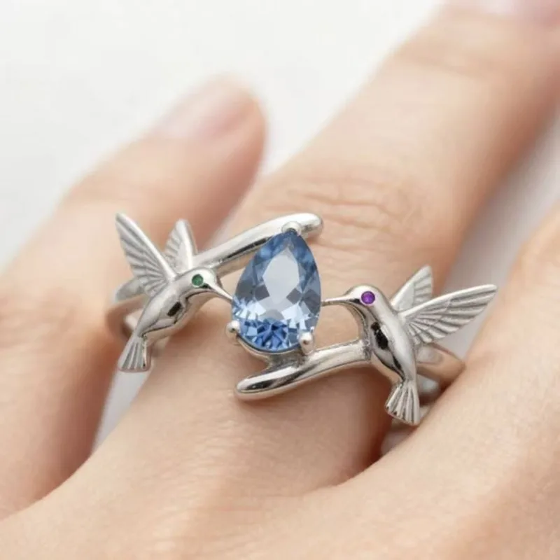 

New Women's Silver Plated Ring - Inlaid Water Drop Lake Blue Diamond Magpie Auspicious Bird Design Fashion Jewelry Accessory