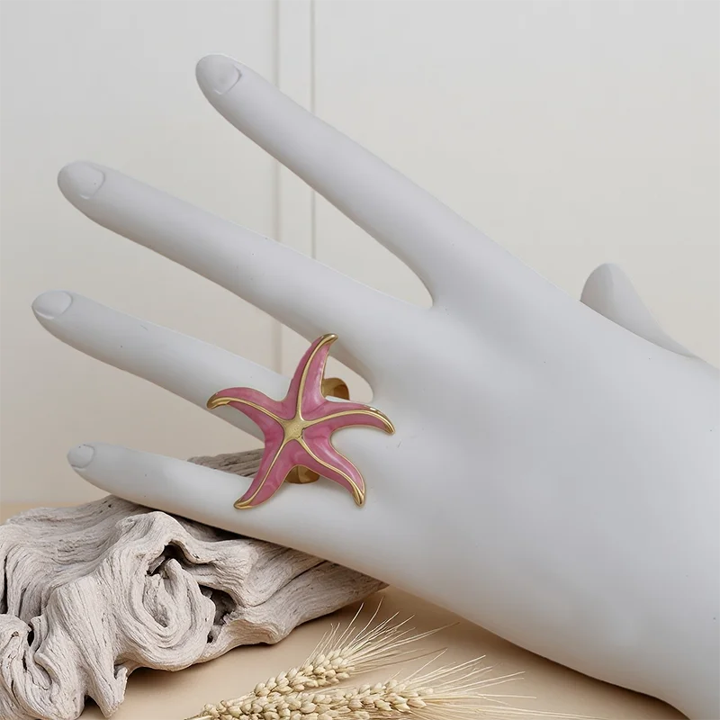 خاتم نجم البحر الفاخر الخفيف، خاتم مفتوح على شكل نجمة خماسية من الفولاذ المقاوم للصدأ للسيدات، خاتم إصبع السبابة غير المنتظم باللون الذهبي البسيط، Mar