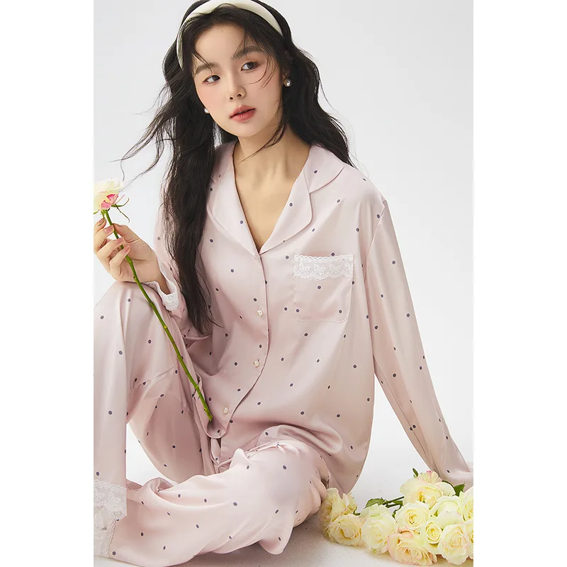 

Spring New Ice Silk Pajamas for Women Polka Dot Lace Pink Casual and Comfortable Home Wear That Can Be Worn Outside