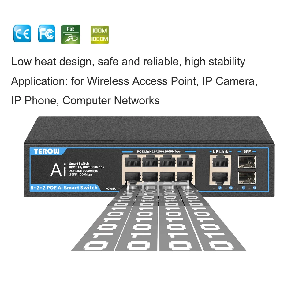 TEROW-Commutateur POE Gigabit pour caméra IP sans fil, alimentation intégrée, commutateur rapide, 2 liaisons montantes, 2 déchets, 8 ports, 52V, 12W