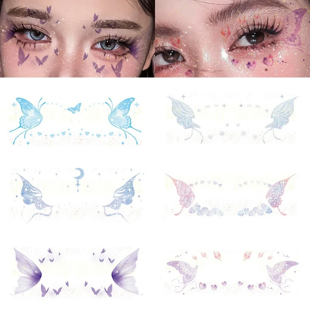 1pc Glitter Butterfly Eye Stickers Mermaid Scale Fairy Tattoo Stickers Waterproof Temporary Transfer Decals for Party/Festival *