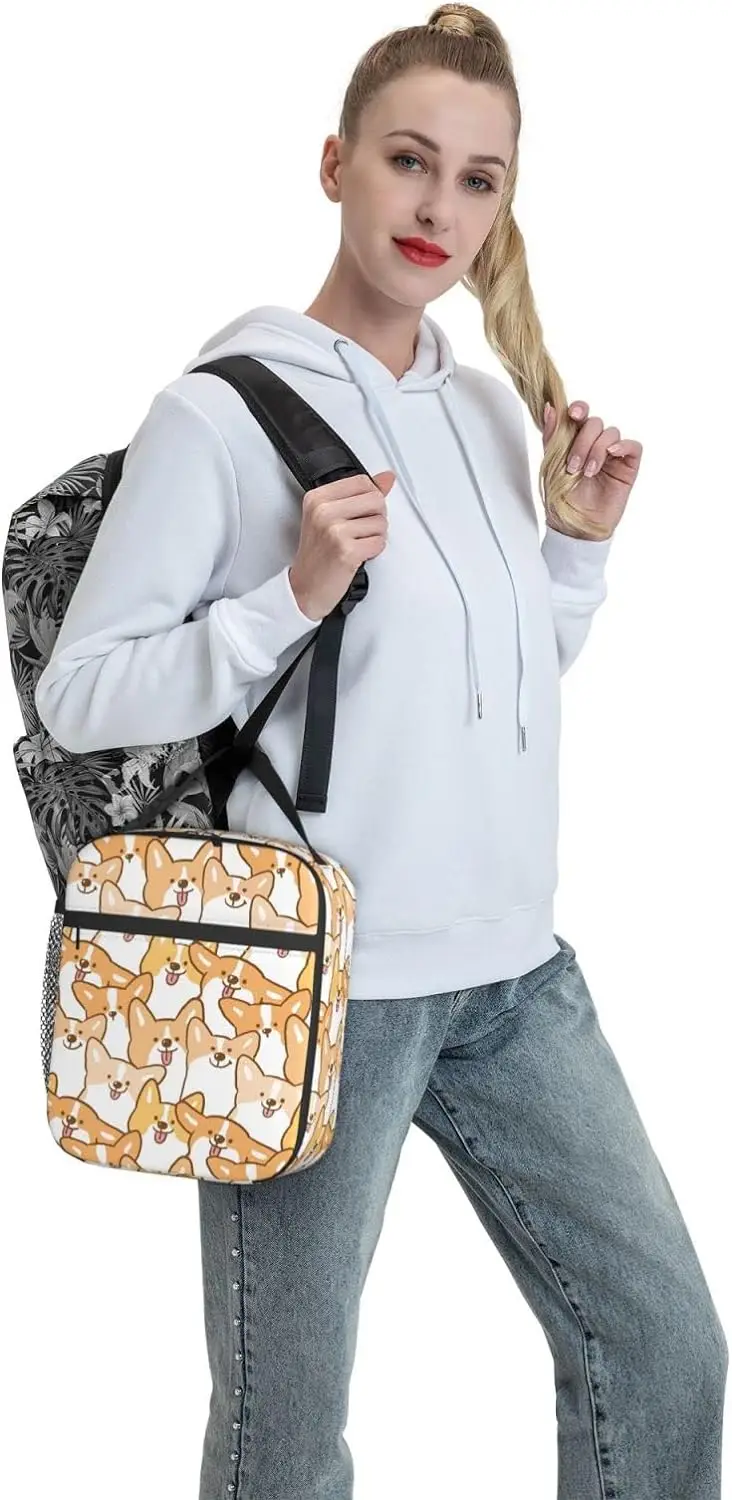 Lovely Corgi Insulated Lunch Box Waterproof Tote Bag Reusable Lunch Cooler Bag with Side Pockets for Work Picnic Travel