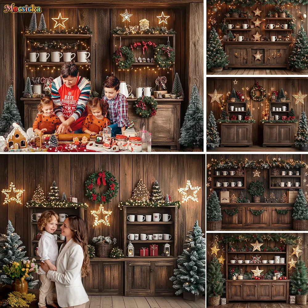 Rustic Christmas Kitchen Cabinet Scene Photography Backdrop Decor Xmas Indoor Background for Family Holiday Studio Shooting
