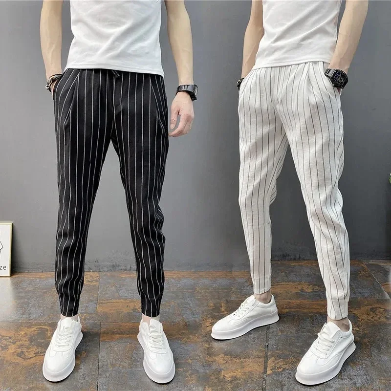 

Spring Summer Thin Stripe Harlan Pants Men Trend Youth Nine-Point Pant Wild Casual Korea Fashion Elastic Slim Trousers Male Z262