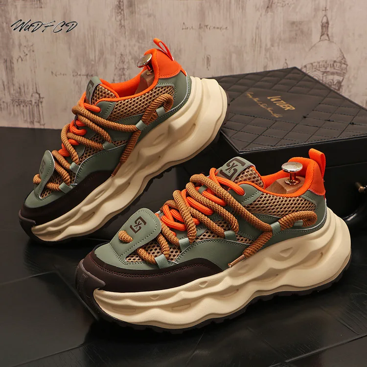 

Chunky Sneakers Mens Designer Running Shoes Fashion Casual Microfiber Leather Fabric Breathable Height Increased Platform Shoes