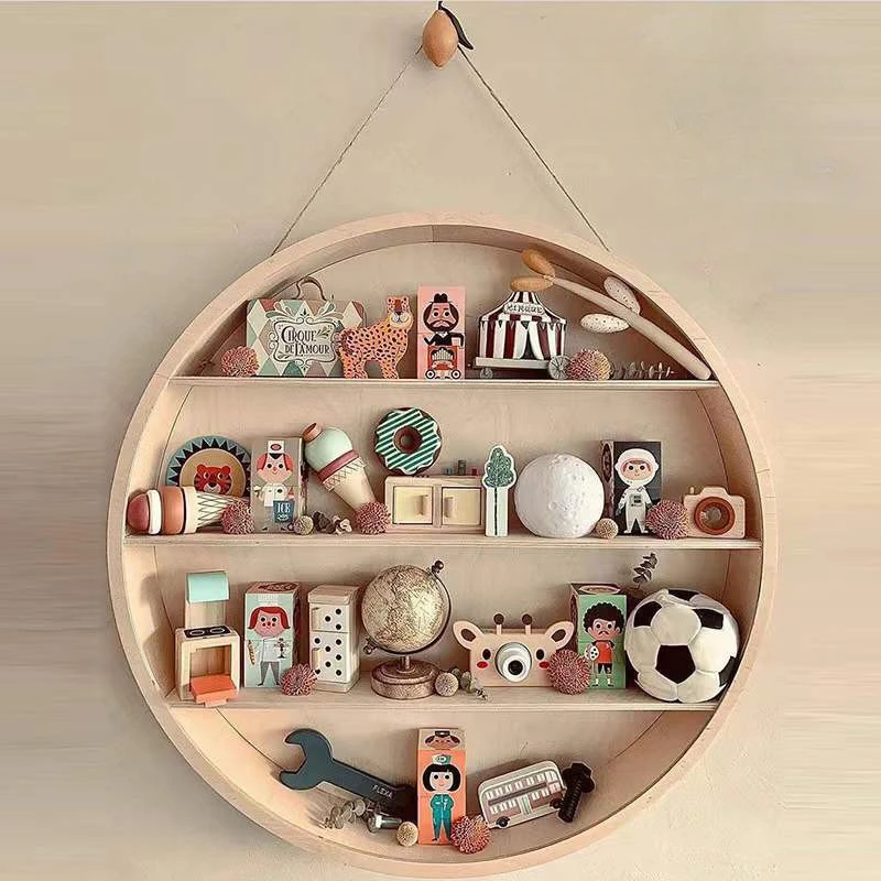 

Children's room wall hanging background wall decoration toys Finishing round wooden storage rack Multi-layer storage rack