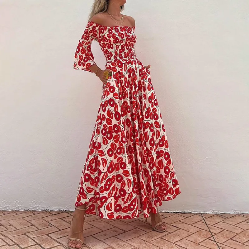 Floral Pleated Off-the-shoulder Pocket Maxi Dress Print Pleat Elegant Women Elastic Waist Boho Dress Flare Sleeve A-line Dress