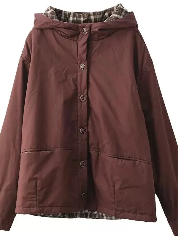 

Двухслойное хлопковое пальто с капюшоном в клетку, зимнее женское пальто в стиле ретро, теплое гарантированное длинное свечье пальто на одной пуговице