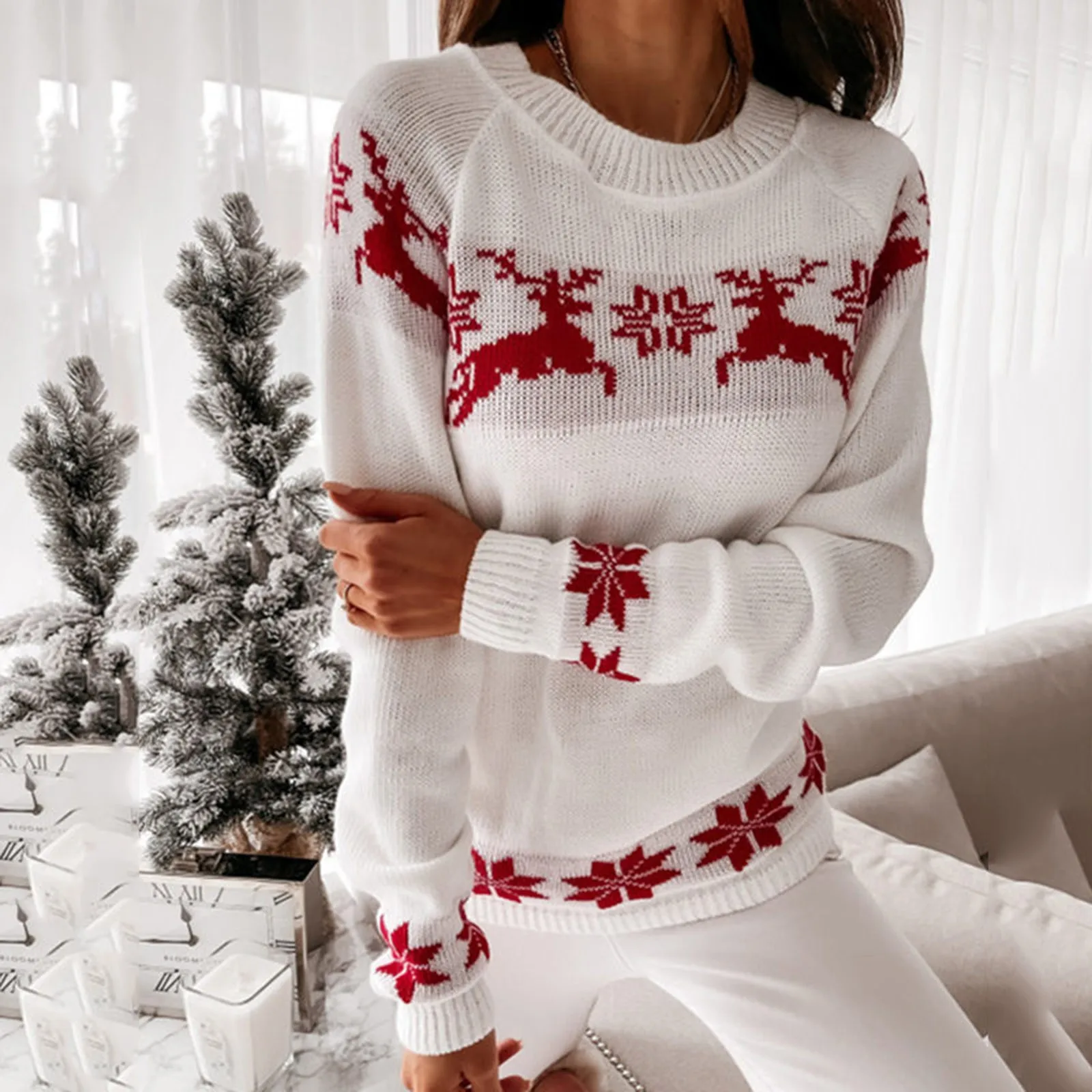 2024 New Winter Women Christmas Knit Sweaters Elk Print Jacquard Knitwear Long Sleeve O Neck Pullover Top Soft Warm Y2K Clothes