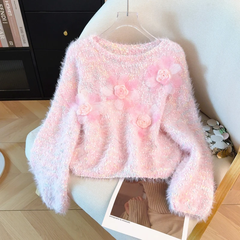 

Women's Pink Pullover Mohair Sweater 2000s Vintage Long Sleeves 3D Floral Cozy Cashmere Sweater For Women Clothes Spring Autumn