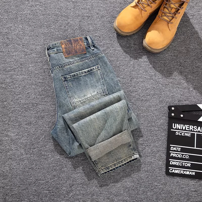 

Designer fashion new men's elastic slim fit retro blue jeans scratch washed retro denim straight leg pants hombre