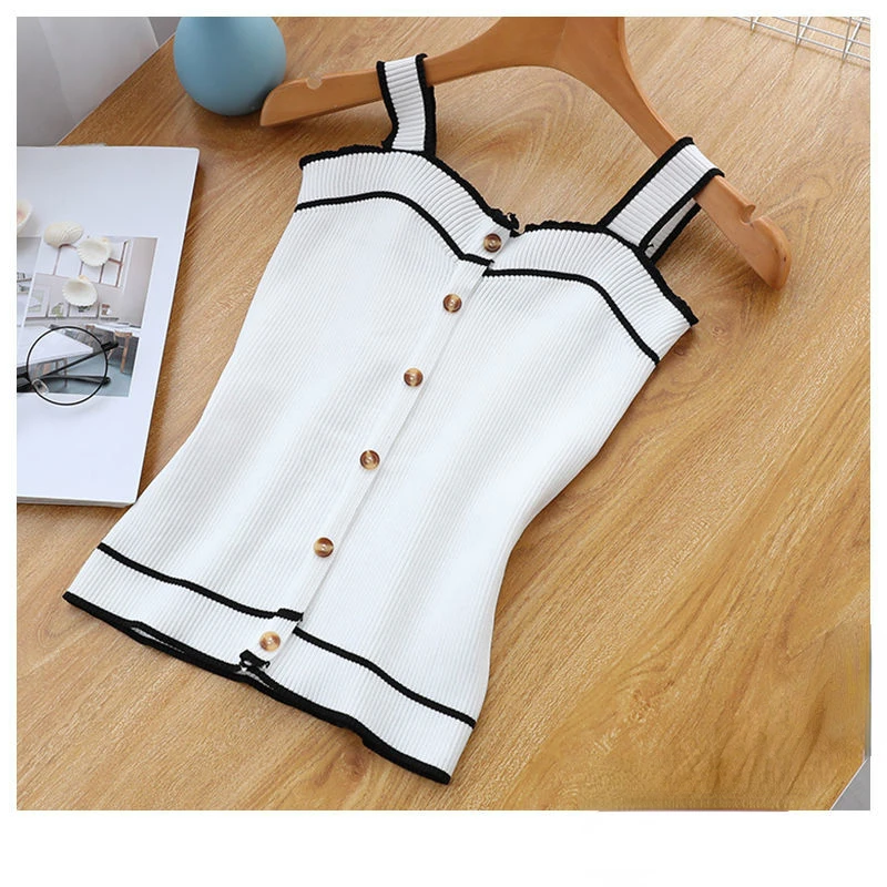 New Knit Tank Top Button Crop Tops Sexy Women Summer Camis Backless Camisole Fashion Casual Tube Female Sleeveless Cropped Vest