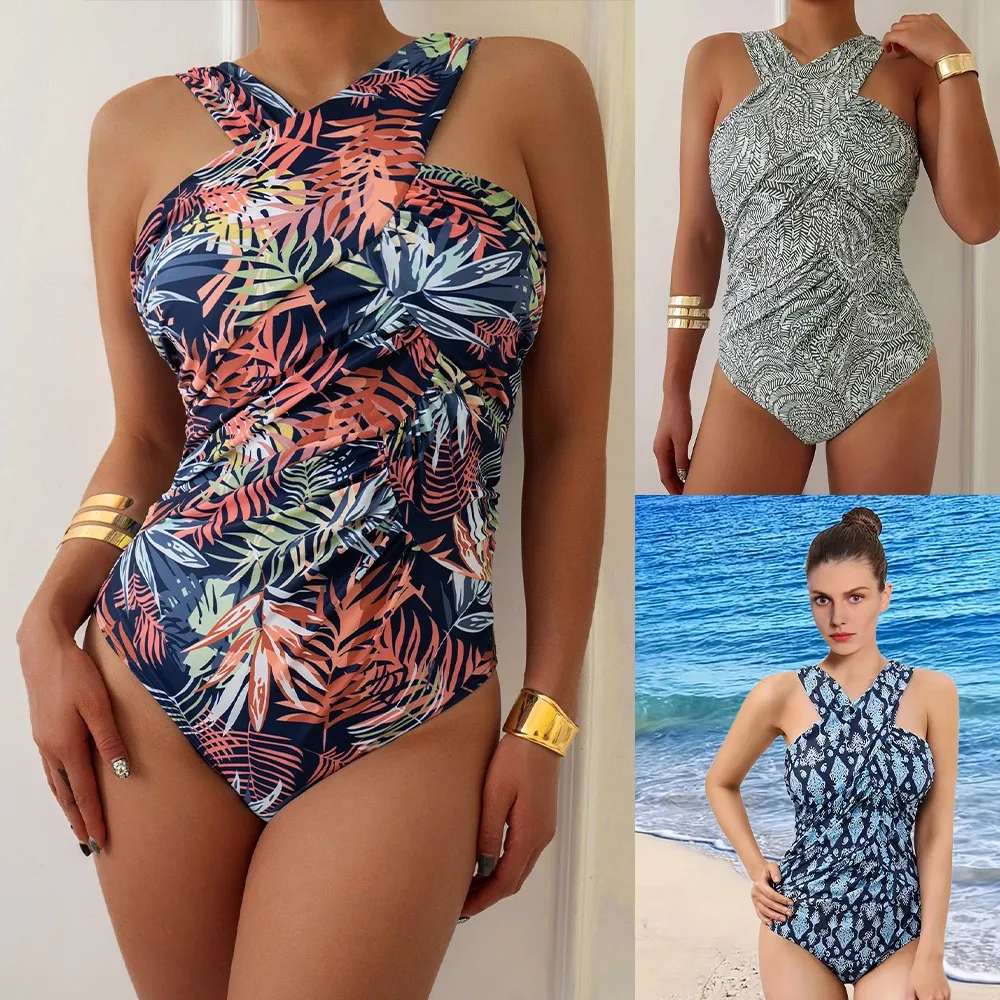 Traje de baño de talla grande para mujer, modesto, con espalda cruzada, cuello halter y cintura fruncida, azul marino, tankinis para mujer