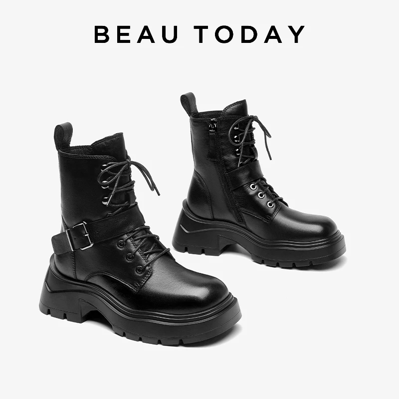 BEAUTODAY Motorcycle Boots Women Genuine Cow Leather Short Plush Round Toe Zipper Closure Punk Style Solid Color Handmade 03A57