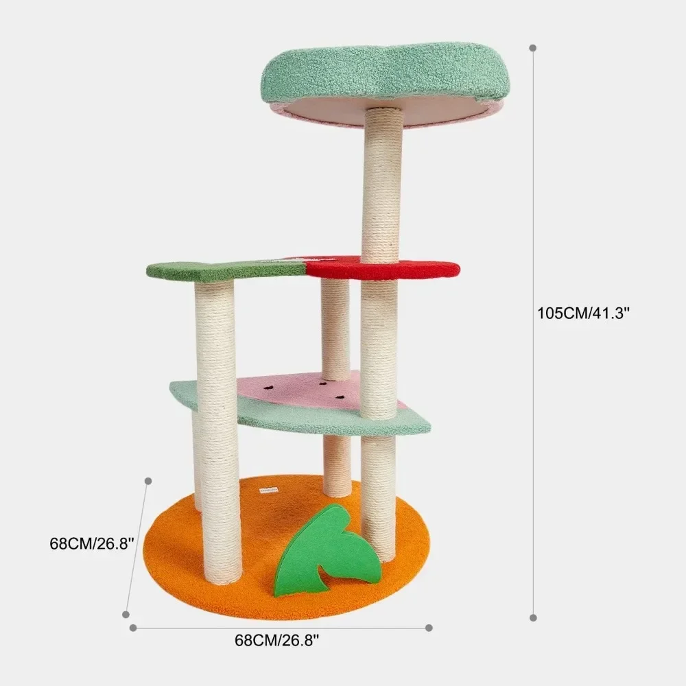 고양이 나무, 과일 모양 플랫폼 및 사이 잘 덮인 스크래치 포스트, 다층 고양이 타워, 41.3 인치