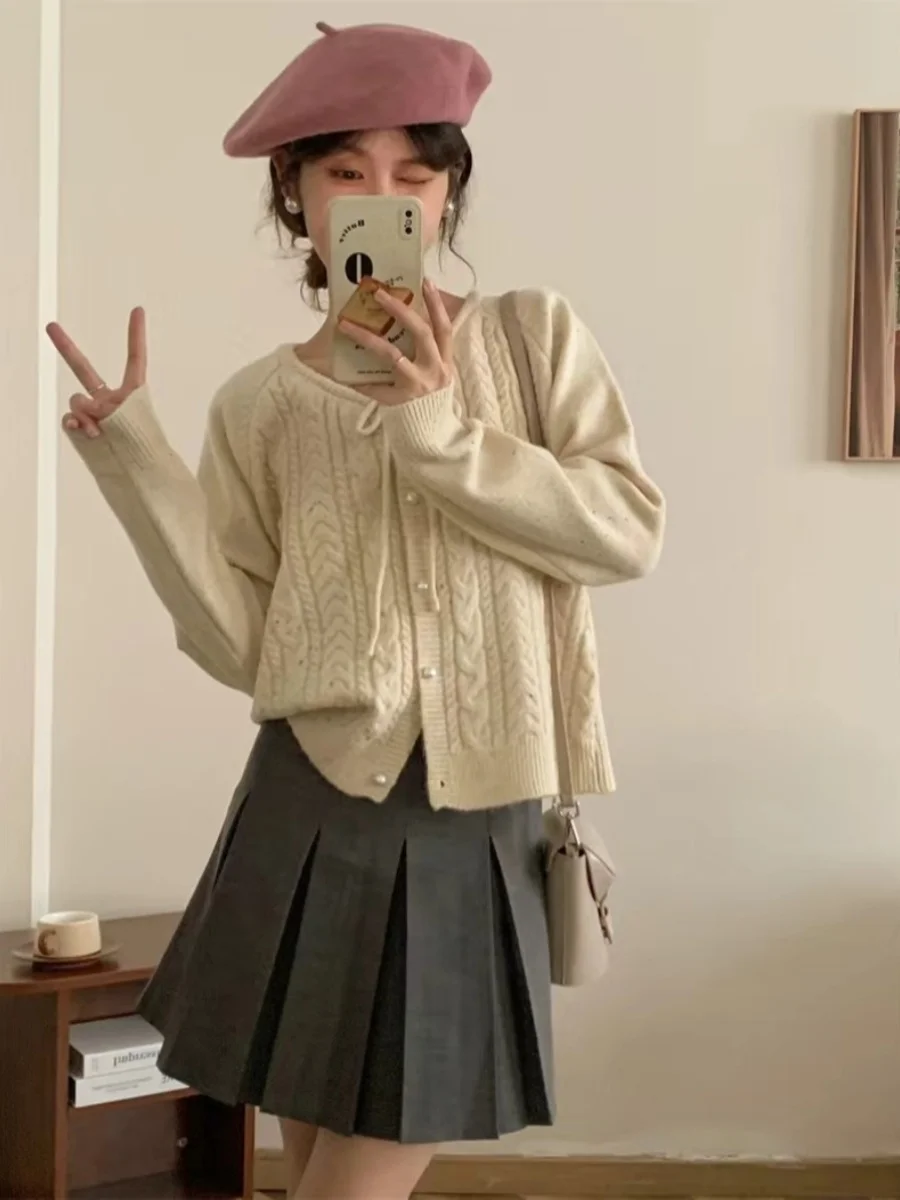ルーズ U ネック ニット セーター カーディガン パール ボタン カラー コットン ドット デザイン トレンディ ストリートウェア ストレート カット 長袖