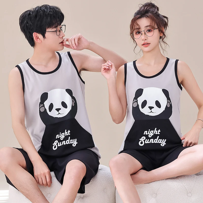 Summer Shorts Matching Pajamas Set Soft Cotton Couple Round Neck Colorful Home Wear Lovers Man Woman Cartoon Cure Pyjamas