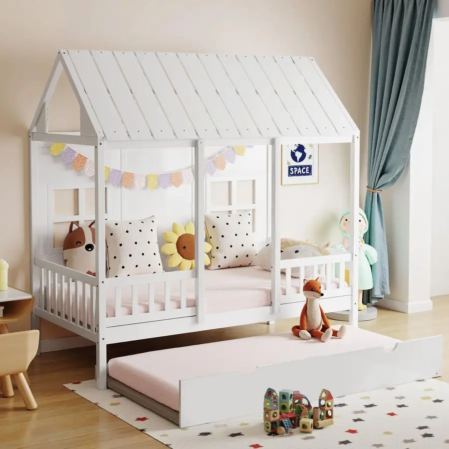 

Twin House Bed with Trundle, 77.95 Wooden Playhouse Bed Frame for Kids with Safety Rails amp Window, Freely Decorative Roof, Kid