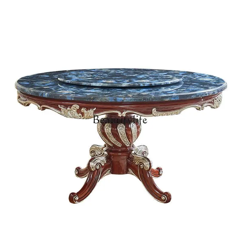 

European round table marble dining table full solid wood carving flower home with turntable