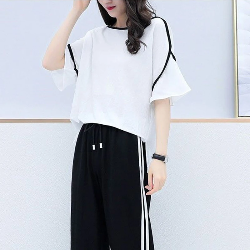 Summer New Large Suit Women\'s 2023 Korean Short-sleeved T-shirt Wide Leg Pants Two-piece Casual Suit Loose Sports Pants Set