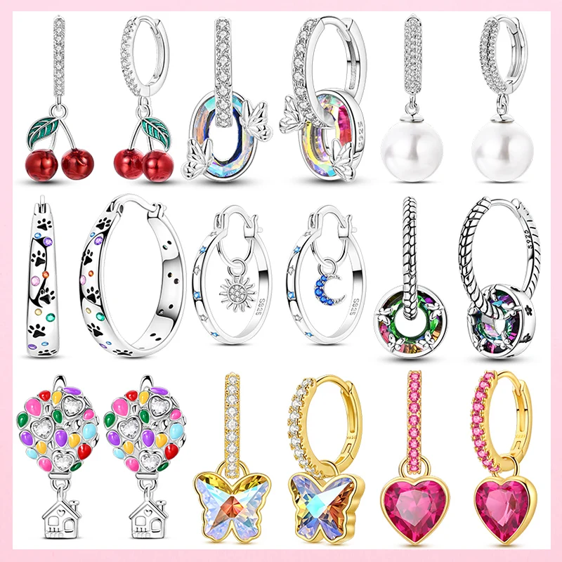 New Women Hoop Earrings 925 Sterling Silver Fuchsia Heart-Shaped Earrings Engagement Wedding Jewelry Gift