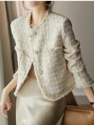 2025 French Style Spring/autumn Women High-end Pearl Wool Tweed Short Jacket Tweed Cropped Top Women's Clothing Office Lady