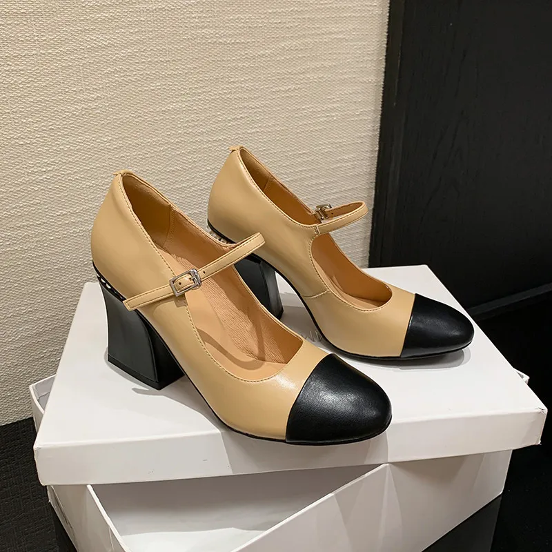 MKKHOU Fashion Pumps New High Quality True Leather Color Block Round Toe High Heels Mary Janes Shoes Commuter Women Shoes