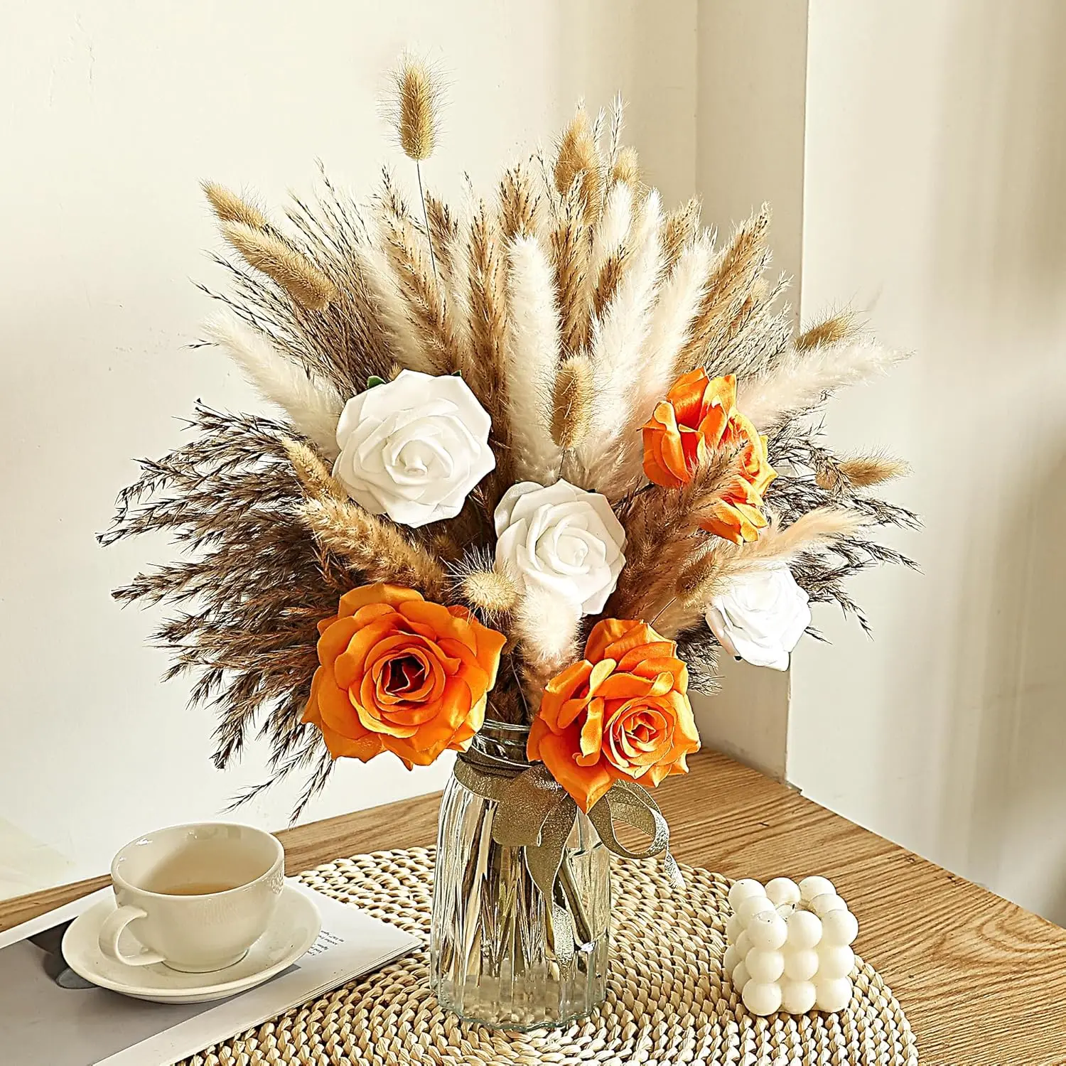 

17 Inch Brown Tone Dried Pampas Grass Bouquet, Orange & White Faux Roses with Bunny Tails and Reed Grass for Boho Home Decor