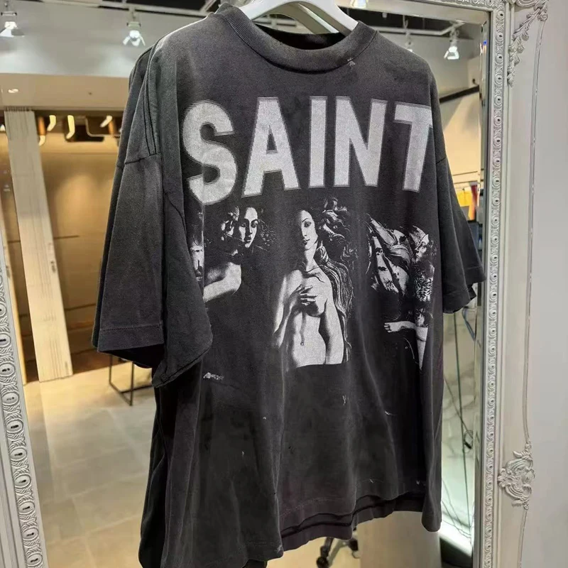 

Винтажная потертая футболка с принтом Saint Lady, круглый вырез, короткий рукав, мужская и женская винтажная свободная хлопковая футболка High Street, футболки