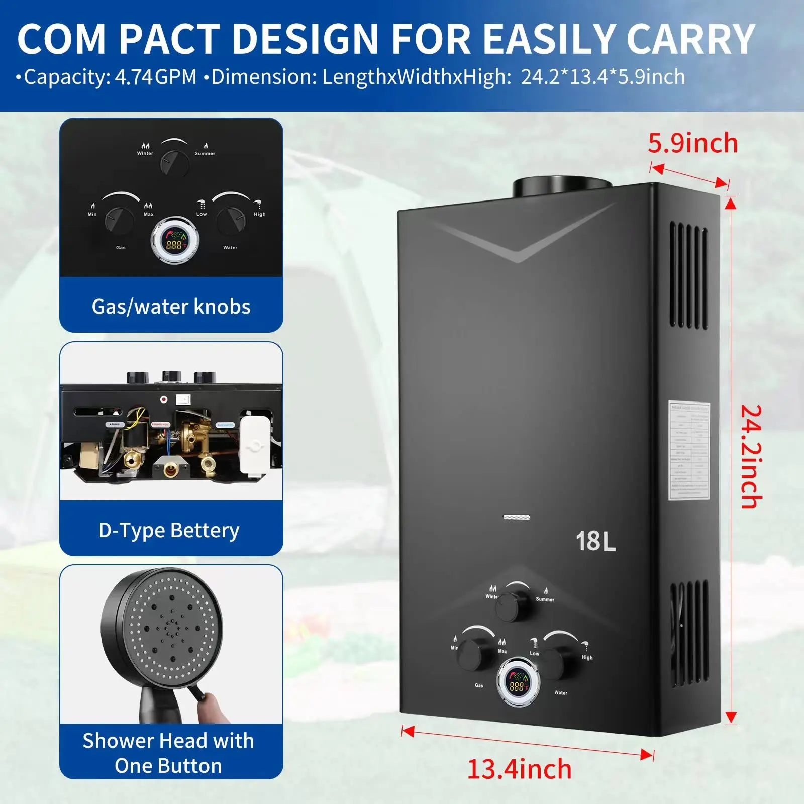 12L/16L/18L Tankless Water Heater Outdoor Portable Gas Hot Water Heater Instant Propane Water Heater with Digital Display