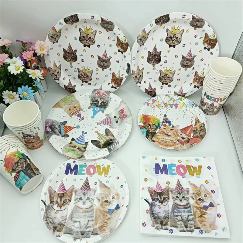 Pet Cats Dogs Happy Birthday Party Decor Paper Plate Cup Napkin Jednorazowa zastawa stołowa Kids Cats Theme Baby Shower Party Supplies