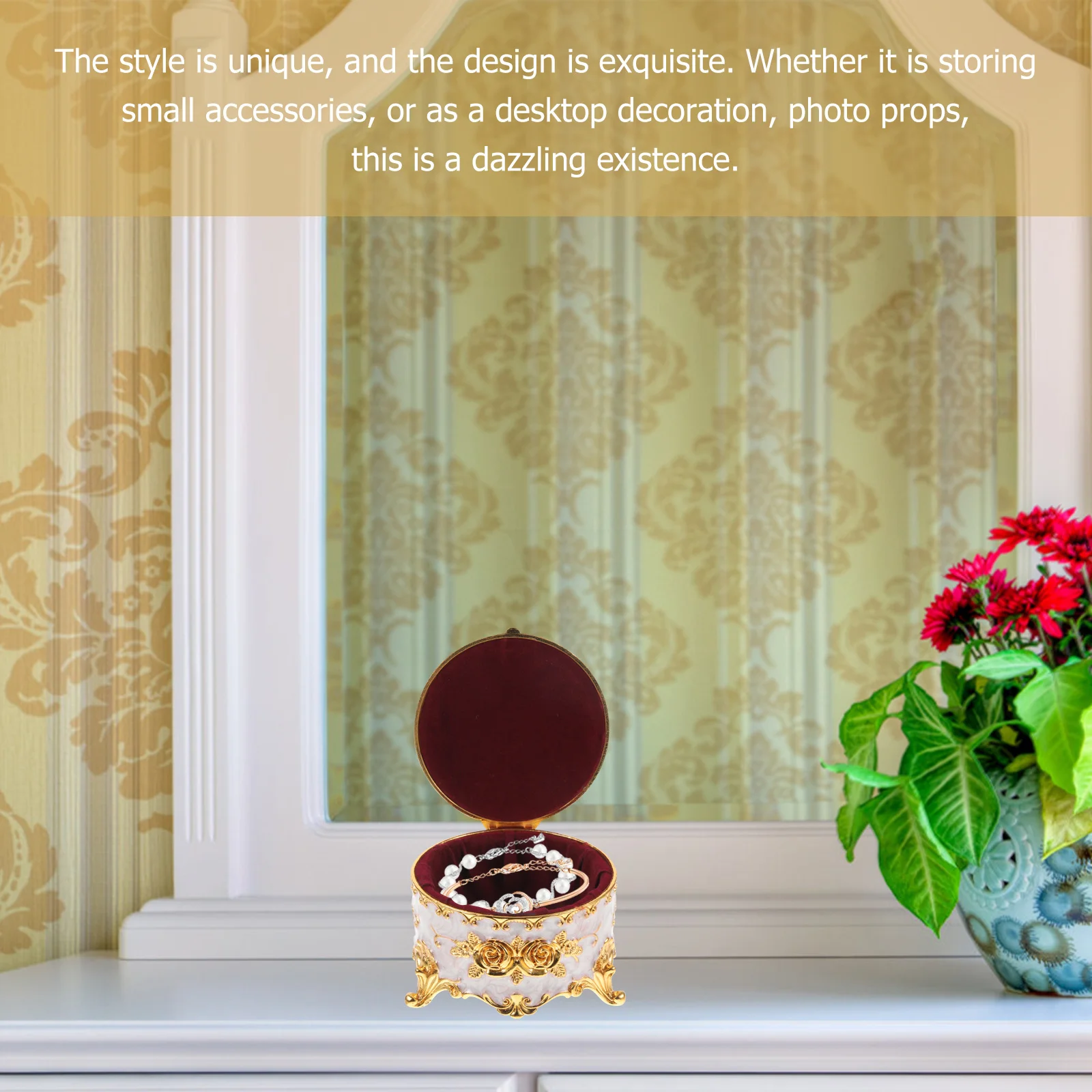 

Шкатулка для драгоценностей из сплава в стиле ретро, изысканный рельефный цветочный дизайн, настольный декоративный органайзер для ювелирных изделий, ожерелье, серьги, чехол для хранения